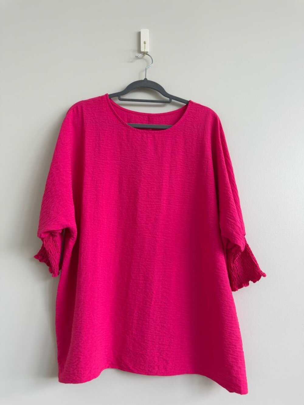Hot Pink Textured Tunic Beach Cover Up Smocked Sleeve Oversized Top